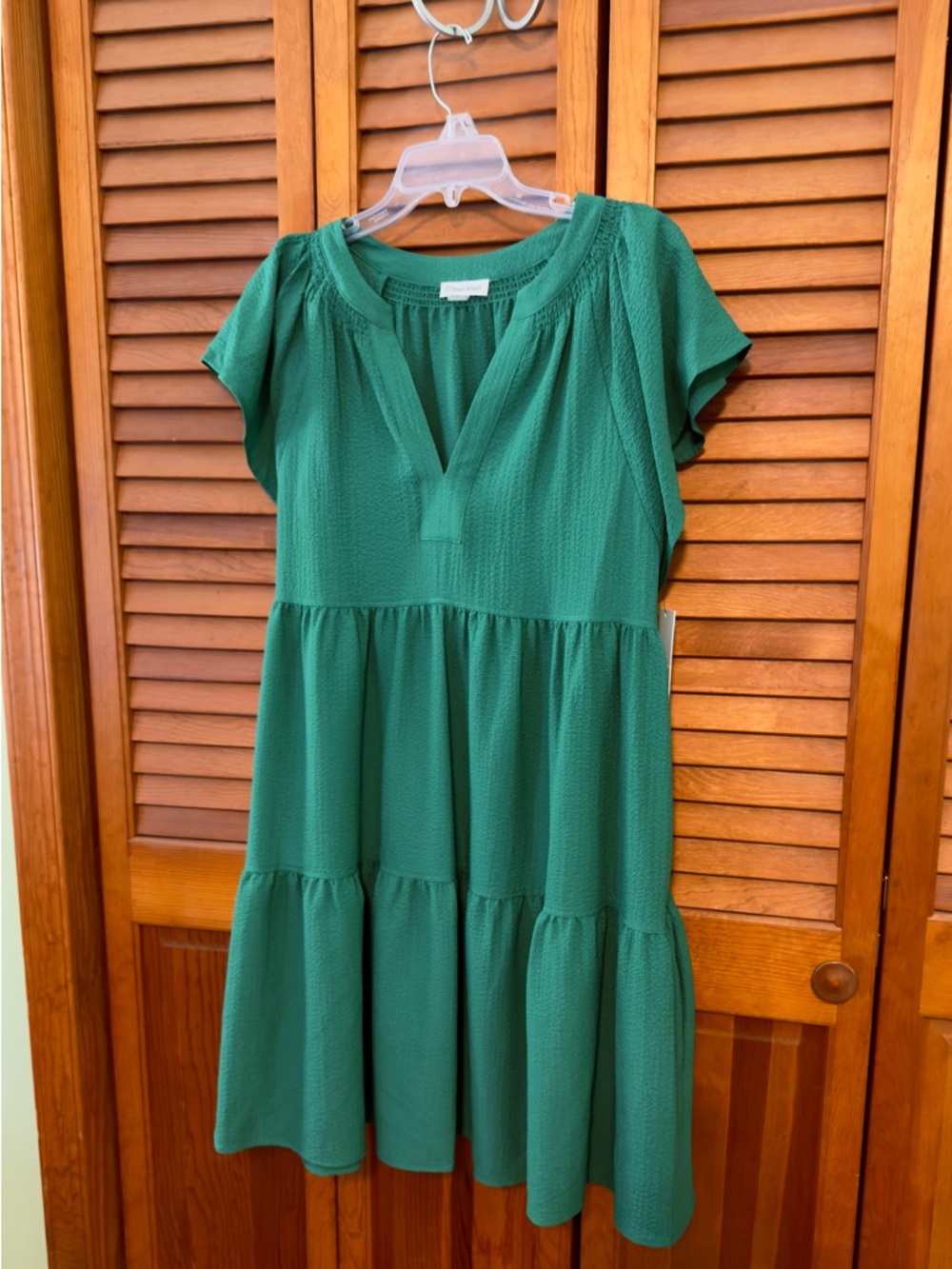 Calvin Klein Emerald Green Tiered V-Neck Midi Dress
